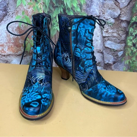 CY Blue Leather and TextilePeacock Feather Lace-Up Cuban Heel Boots, 41/10 - Picture 5 of 13